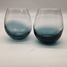 Pier 1 Teal Blue Crackle Stemless Tumbler Wine Glasses 16 oz 4.5” Tall Set of 2 - £39.30 GBP