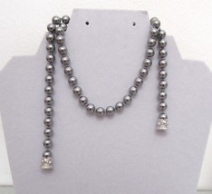 Signed Nolan Miller Vintage Faux Grey Pearl Crystal Snap Clasp Necklace 24” - £18.18 GBP