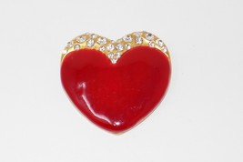 Gold Tone Red Enamel &amp; Rhinestone Heart Brooch Pin - £19.92 GBP