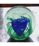 Art Glass Paper Weight 3.5” Swirl Blue Flower Green Whisp Controlled Bub... - $24.95