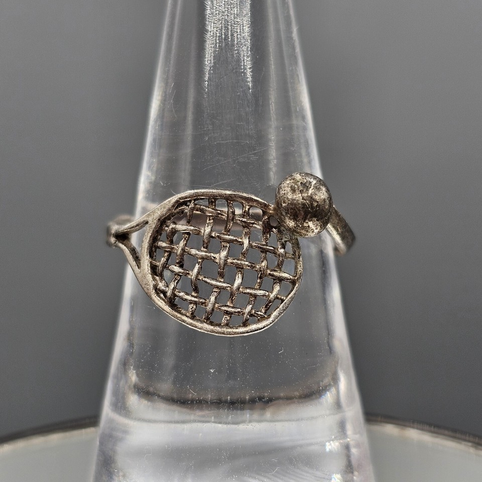Vtg Sterling Silver 925 Tennis Racket Ball Wrap Ring Sports Novelty Size... - $24.99