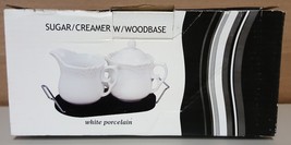 I) White Porcelain Sugar Creamer Bowl with Wood Base Server Coffee - $7.91