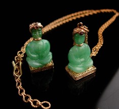 Vintage fob set - jointed buddha necklace - jade asian brooch - good luc... - $185.00