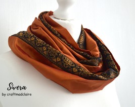 Copper Black Floral Faux Silk Vintage Sari Scarf - Bohemian Upcycled Eco - £24.87 GBP