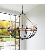 12-Light Farmhouse Wood chandelier,48" Black Adjustable Lantern Pendant ... - $339.64