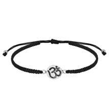 Spiritual Aum or Ohm Symbol Sterling Silver Charm Black Rope Adjustable Bracelet - £11.20 GBP