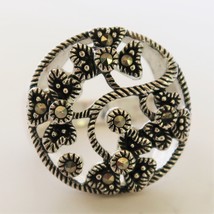 Vintage Silver Tone Round Cocktail Ring Marcasite Floral Size 7 - £11.98 GBP