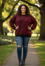 Women Sweater Bar III Animal-Print Sweater Size 1X Red/Black - $34.64