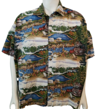 Camping and Fishing Print Shirt Mens 2XL Cotton Scenic Lake River Short ... - $14.38