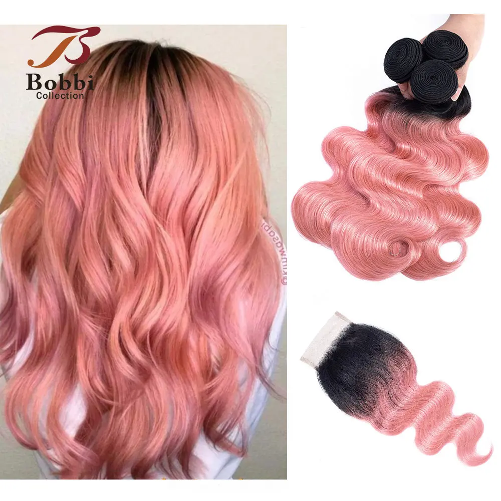 Ombre Pink Bundles With 4x4 Lace Closure Body Wave 2/3 Bundles Rose Golden Hot - £155.10 GBP+