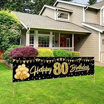 Happy 80th Birthday Banner Decorations for Women Men Black Gold 80 Birthday Sign - £12.28 GBP