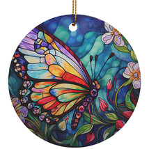 Colorful Butterfly Ornament Stained Glass Art Flower Wreath Christmas Gift Decor - £11.64 GBP