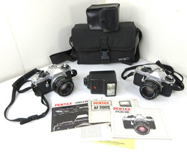 LOT of 2 Pentax ME Super 35mm SLR Cameras + Lens Minolta Bag AF200S Pentax Flash - £197.80 GBP