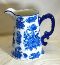 Cobalt Blue &amp; White Porcelain Pitcher Floral Pattern Scalloped Edges - $69.29
