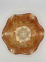 Iridescent Marigold Gold Carnival Glass Ruffled Bowl From England Star Fan Leaf - £18.64 GBP