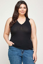 Plus Size Summer Black Solid Ribbed Knit Polo Sleeveless Top - £19.71 GBP