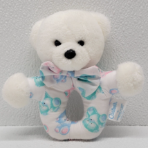 Vintage Carter&#39;s Bear Handheld Ring Rattle Baby Plush Toy 6&quot; White Blue Pink - $18.01