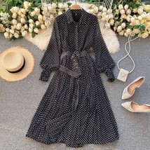 Spring women chiffon botton polka dot pleated shirt dress with belt long sleeve elegant thumb200