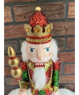 Christmas Nutcracker 14&quot; White Fur Red Green Wood Soldier Glitter Crown ... - £21.98 GBP