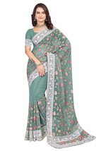 Designer Sea Green Multi Resham Embroidery Work Sari Organza Party Wear ... - £62.89 GBP