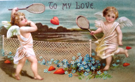 Valentines Postcard Cupids Playing Tennis With Heart Shaped Ball Germany Fantasy - $22.50