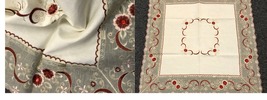 33&quot; Square Beige Embroidered Red Ruby Burgundy Rhinestone Embroidery Tablecloth  - £34.36 GBP