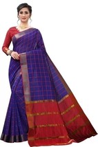 Women&#39;s Blue Cotton Silk checkes print Printed Saree With Blouse - £1.57 GBP