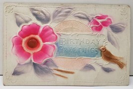 Birthday Embossed Airbrushed Pink &amp; Purple with Brown Bird Postcard E6  - £4.74 GBP