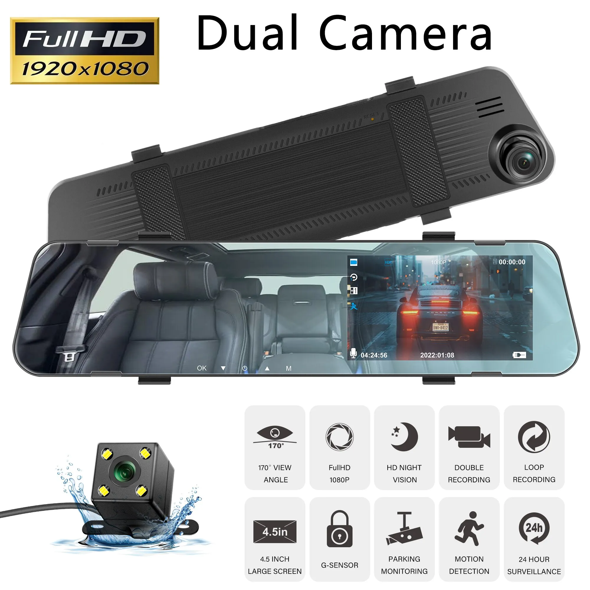 4.5In Mirror Recorder HD 1080P Mirror Car Dash Cam Dual Lens Video Black Box Car - £37.65 GBP