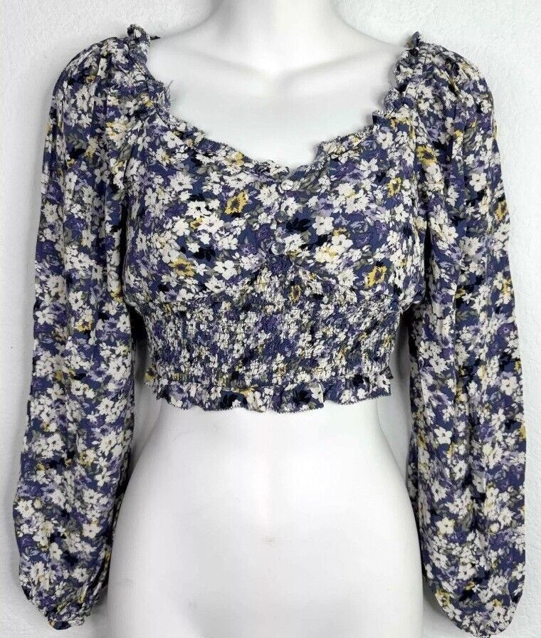 Elodie Women's Long Sleeve Ruffle Neckline Crop Top Navy Floral Size XS, S, M, L