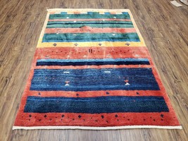 Colorful Wool Area Rug 4x6 ft Hand Knotted Soft Tribal Gabbeh Striped Carpet - £802.81 GBP