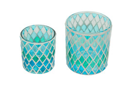 Set of 2 Coastal Blue Green Mosaic Glass Candle Holders Beach Decor Accent - £21.21 GBP