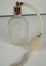 Perfume Bottle Glass Clear Frosted Floral Etched Atomizer Pump Rice Co. NY 4.50&quot; - £14.91 GBP