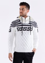 Bespoke zip collar cable knit greek key pullover slim fit sweater - White - $89.00