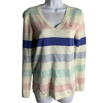 Tommy Hilfiger V Neck Pullover Sweater S White Striped Knit Long Sleeves... - £18.13 GBP