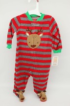 Infant Boys Red &amp; Gray Striped Reindeer Christmas Footie Sleeper Pajamas... - £10.86 GBP