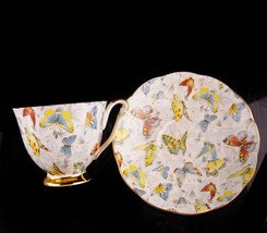 Vintage BUTTERFLY teacup and saucer - porcelain Queen Anne - gardener gift - gol - £51.95 GBP