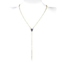 Gold Tone Y Style Necklace with Cobalt Blue Agglomerated Stone - £21.69 GBP