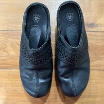 ARIAT black leather clogs tooled cutwork 2 inch heel Size 8.5B - $12.99