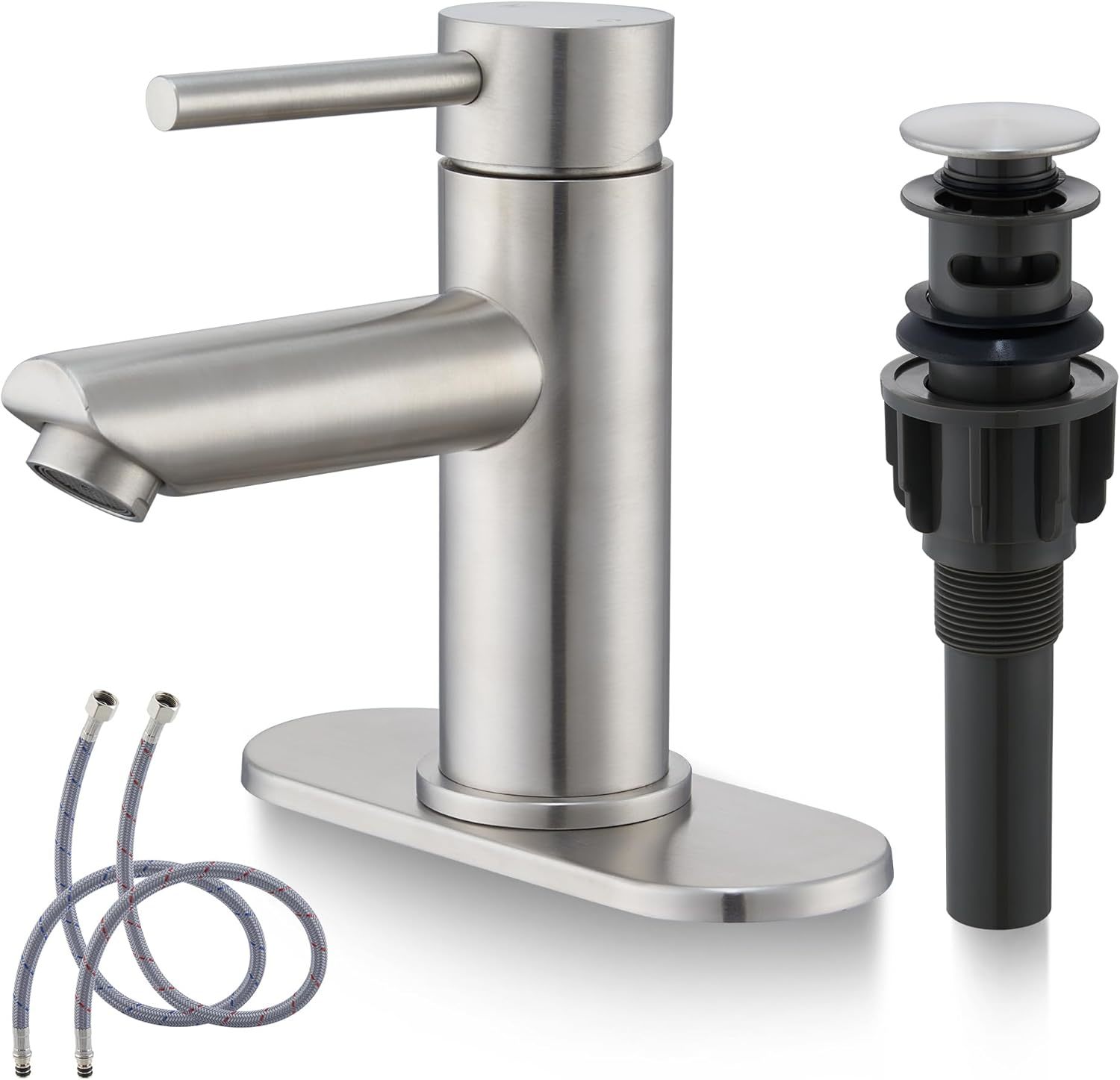 Brushed Nickel Bathroom Sink Faucets Single Hole Single Handle, Up Drains - $41.99