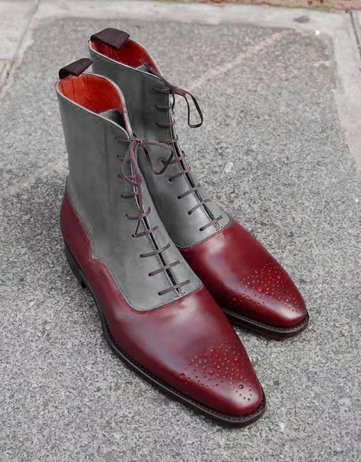 Handmade Burgundy &amp; Gray Brogue Leather &amp; Suede Formal Ankle Lace Up Dre... - $149.99+