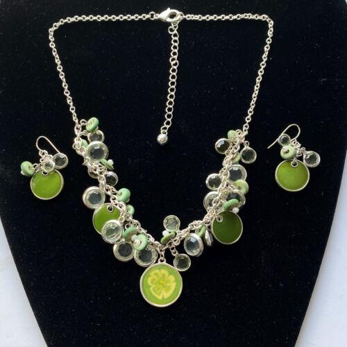Kenneth Cole Spring Green Enamel Crystals Necklace & Earrings Silver Jewelry Set - $34.95