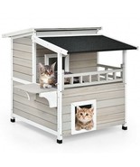 2-Story Wooden Patio Luxurious Cat Shelter House Condo with Large Balcony - £153.34 GBP