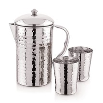 water jug pitcher 1500 ml Hammered Stainless Steel Set with 2 Glass - £38.10 GBP