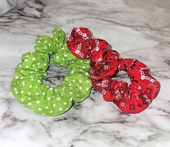 Bandana Red &amp; Polka dot Green Print Hair Scrunchies Handmade - £7.90 GBP