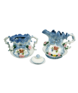 Blue Floral Capodimonte Cream &amp; Sugar Bowl W/Lid  Vintage Porcelain China - $50.69 CAD