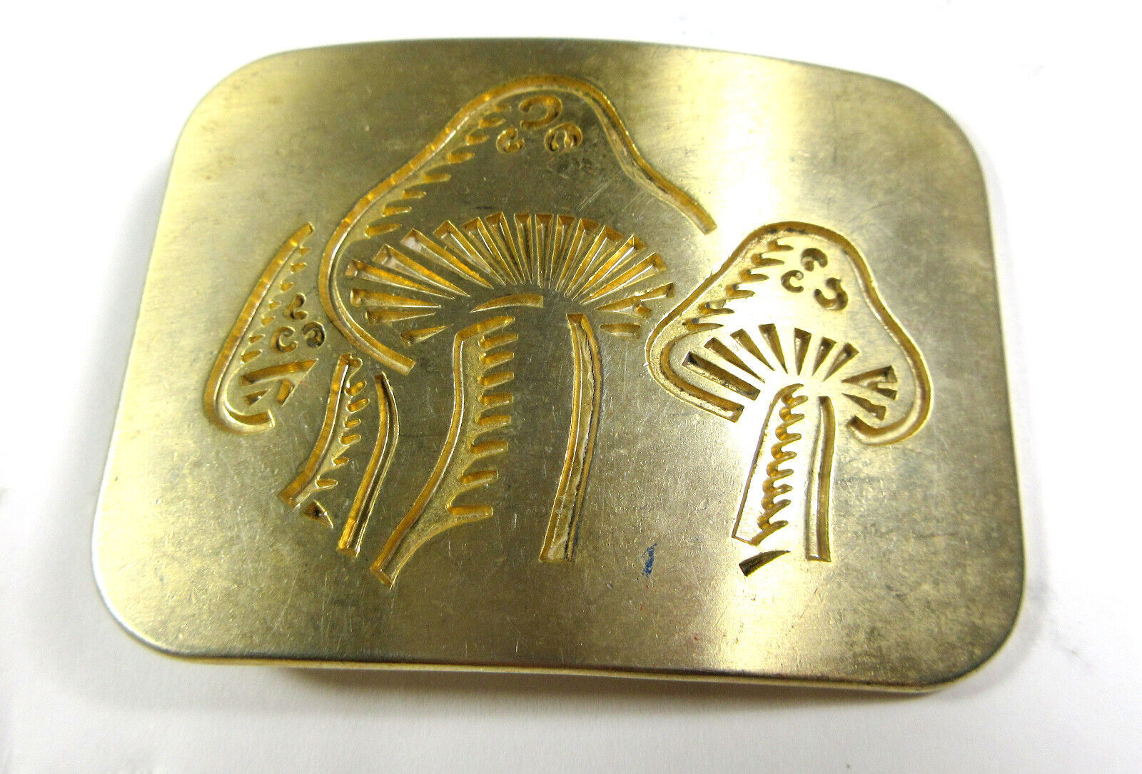 Primary image for Mushrooms Belt Buckle Gold Rectangular Psychedelic Hippy Handmade Engraved 3"x2"