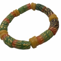 Vintage Glass Bead Bracelet Artisan Stretch colorful Mod Geo Yellow Green boho - £15.82 GBP
