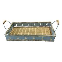 Vintage Blue Metal &amp; Wicker Tray – Duck Cutout Handles – 1980s - $515.41 MXN
