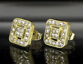 Mens Iced CZ Earrings 10mm Square Studs Push Back 14k Gold Plated HipHop Jewelry - £23.25 GBP